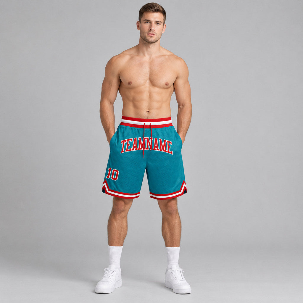 Custom Teal Authentic Throwback Basketball Shorts with Red and White Lettering worn by male model