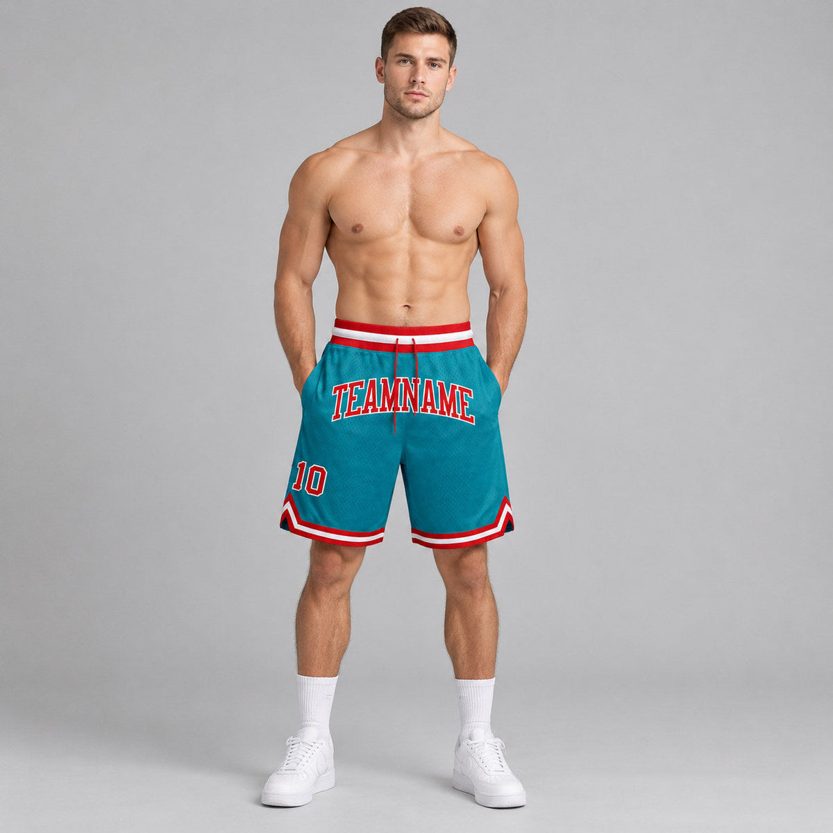 Custom Teal Authentic Throwback Basketball Shorts with Red and White Lettering worn by male model