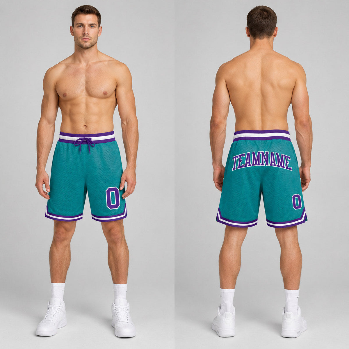 Custom Teal Authentic Throwback Basketball Shorts with Purple and White Lettering worn by male model