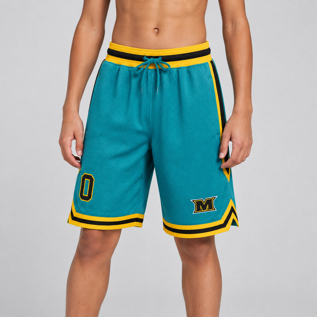 Custom Teal Authentic Throwback Basketball Shorts with Black and Gold Lettering youth size worn by child model