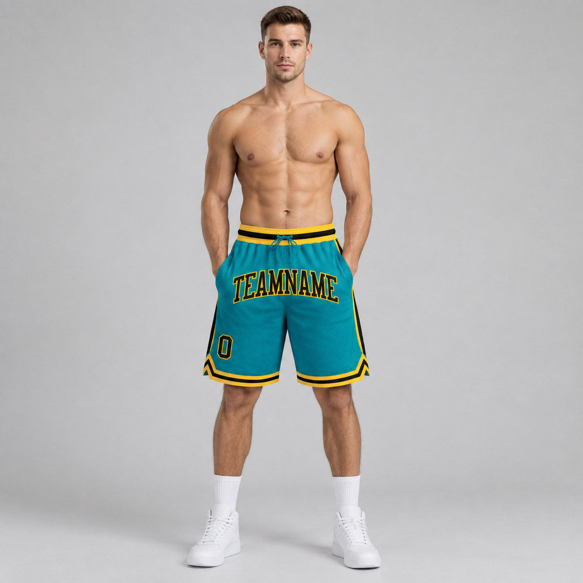 Custom Teal Authentic Throwback Basketball Shorts with Black and Gold Lettering worn by male model
