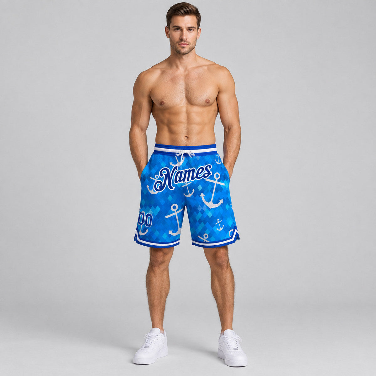 Custom Royal Anchors Authentic Basketball Shorts with Royal and White Lettering worn by male model