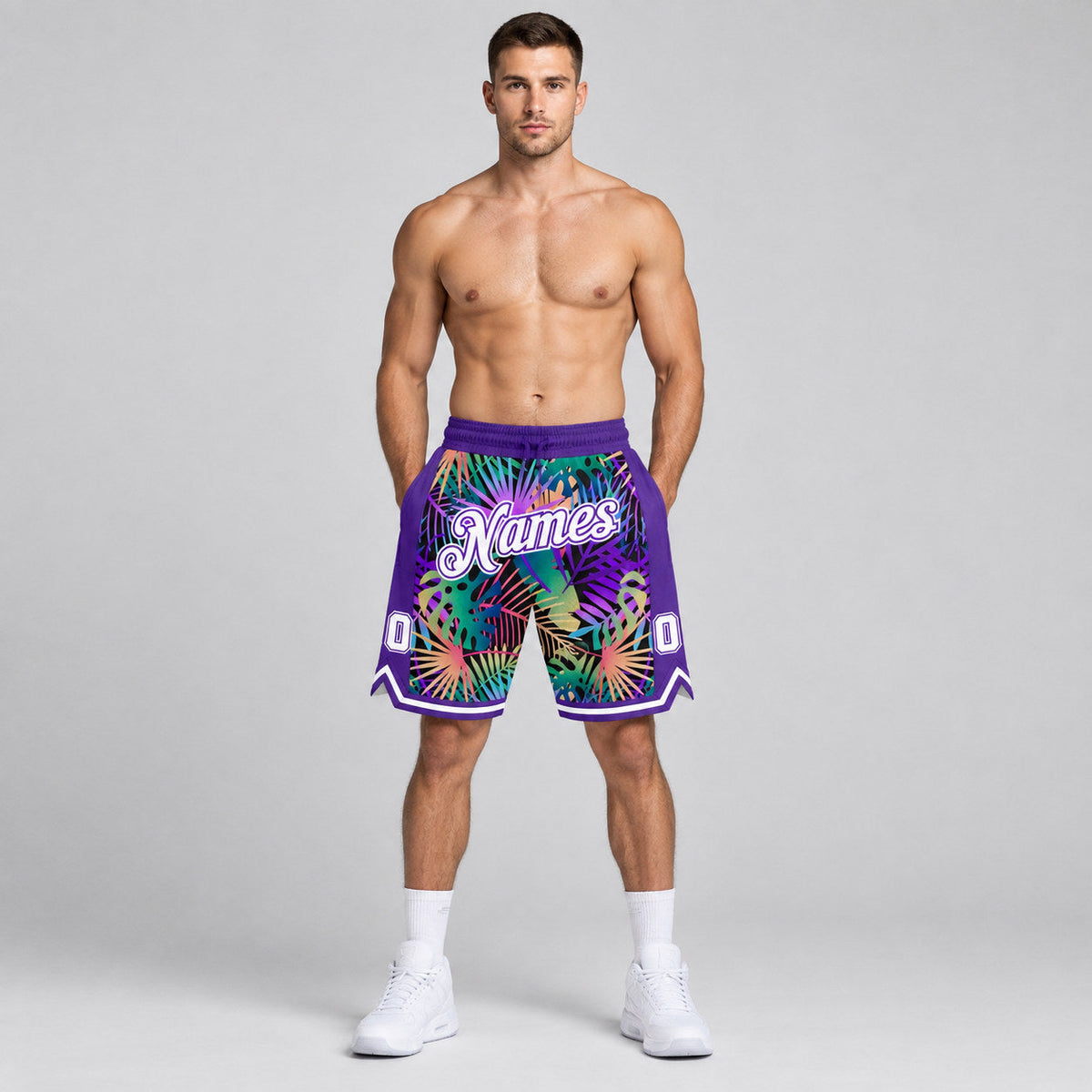 Custom Purple Tropical Palm Leaves Authentic Basketball Shorts with White and Purple Lettering worn by male model