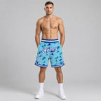 Custom Light Blue Palm Trees Authentic Basketball Shorts with White and Royal Lettering worn by male model