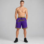 Custom Purple and Black Pinstripe Authentic Basketball Shorts with Black and Old Gold Lettering worn by male model