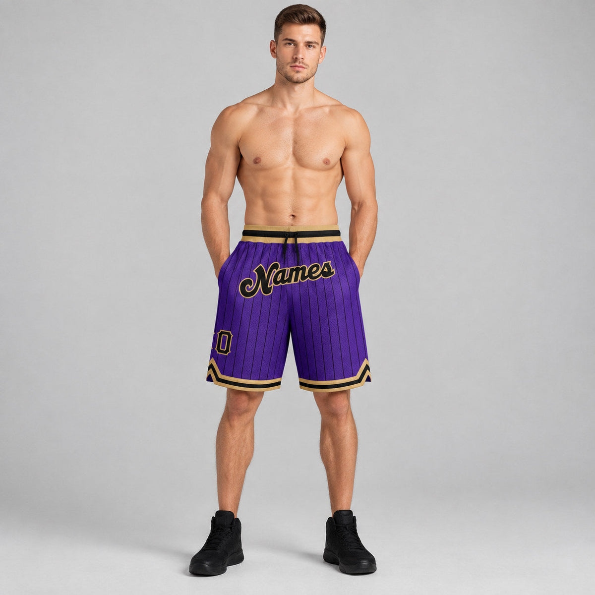 Custom Purple and Black Pinstripe Authentic Basketball Shorts with Black and Old Gold Lettering worn by male model
