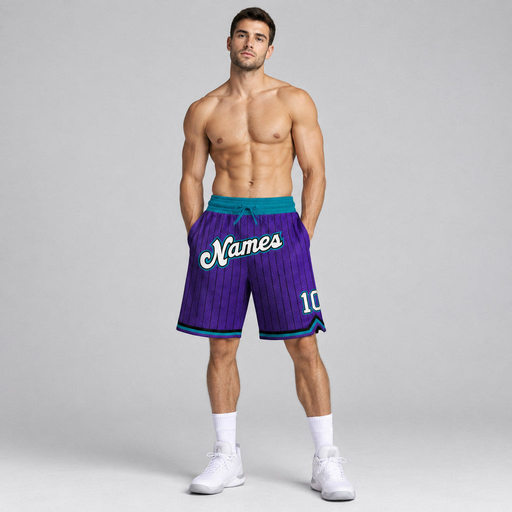 Custom Purple and Black Pinstripe Authentic Basketball Shorts with White and Teal Lettering worn by male model