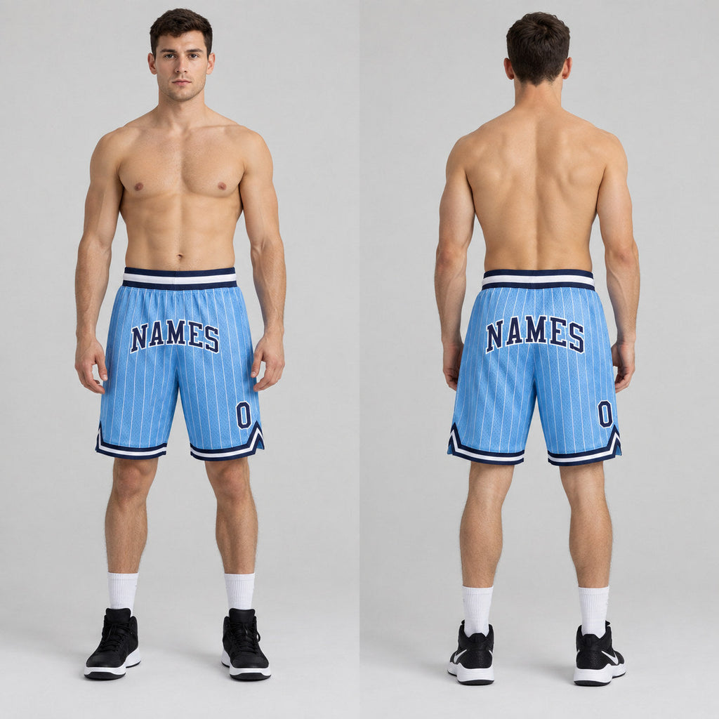 Custom Light Blue and White Pinstripe Authentic Basketball Shorts with Navy and White Lettering worn by male model