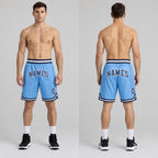 Custom Light Blue and White Pinstripe Authentic Basketball Shorts with Navy and White Lettering worn by male model