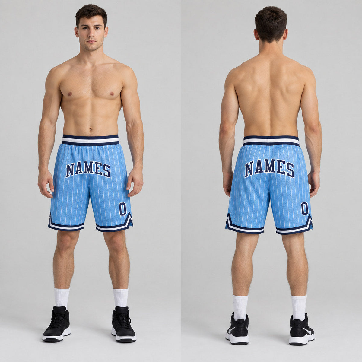Custom Light Blue and White Pinstripe Authentic Basketball Shorts with Navy and White Lettering worn by male model