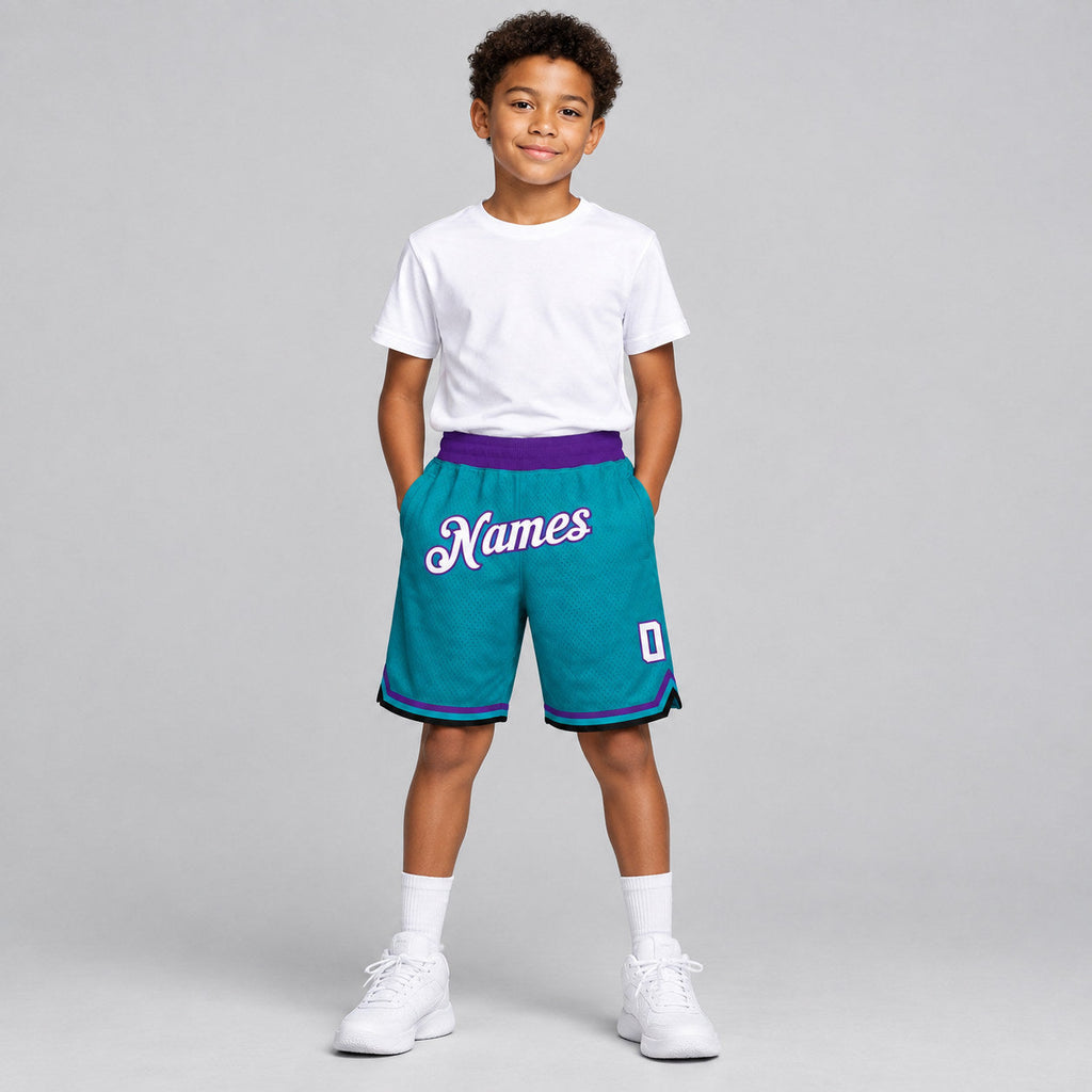 Custom Teal Authentic Throwback Basketball Shorts with White and Purple Lettering youth size worn by child model