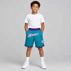 Custom Teal Authentic Throwback Basketball Shorts with White and Purple Lettering youth size worn by child model