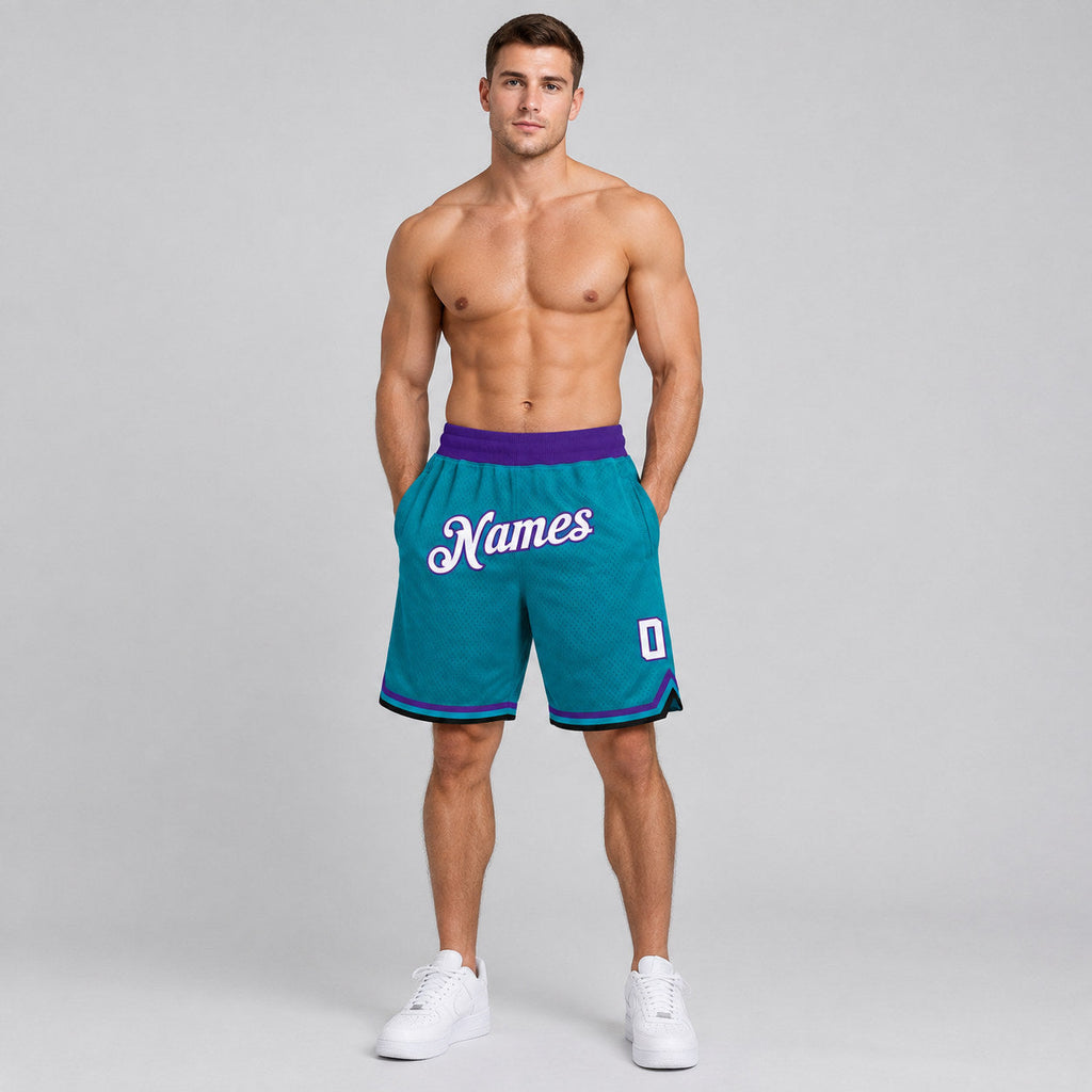 Custom Teal Authentic Throwback Basketball Shorts with White and Purple Lettering worn by male model