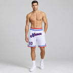 Custom White and Royal Pinstripe Authentic Basketball Shorts with Royal and Red Lettering worn by male model