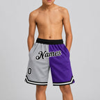 Custom Gray Authentic Throwback Basketball Shorts with Black and Purple Lettering youth size worn by child model