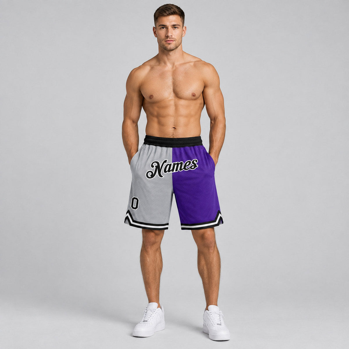 Custom Gray Authentic Throwback Basketball Shorts with Black and Purple Lettering worn by male model