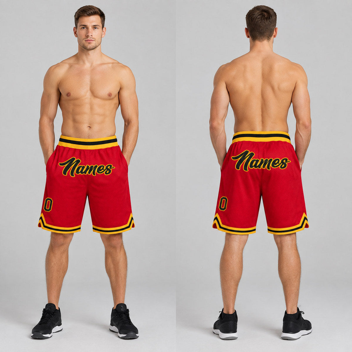 Custom Red Authentic Throwback Basketball Shorts with Black and Gold Lettering worn by male model