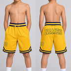 Custom Gold Authentic Throwback Basketball Shorts with Gold and Navy Lettering youth size worn by child model