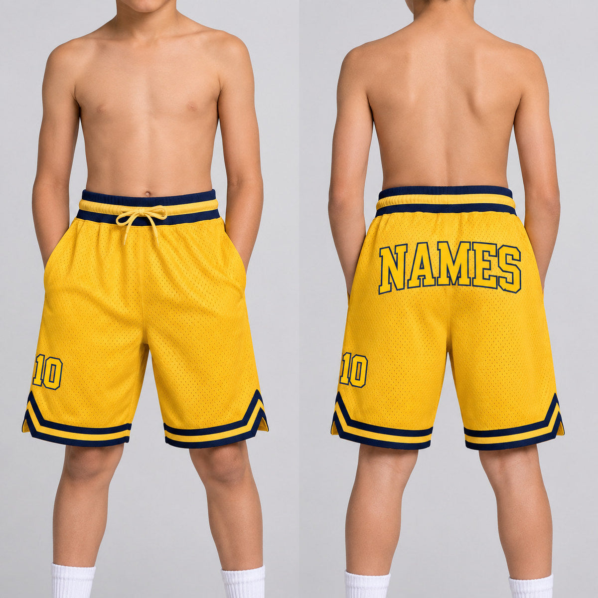 Custom Gold Authentic Throwback Basketball Shorts with Gold and Navy Lettering youth size worn by child model