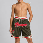 Custom Olive Salute To Service Authentic Throwback Basketball Shorts with Red and Cream Lettering youth size worn by child model