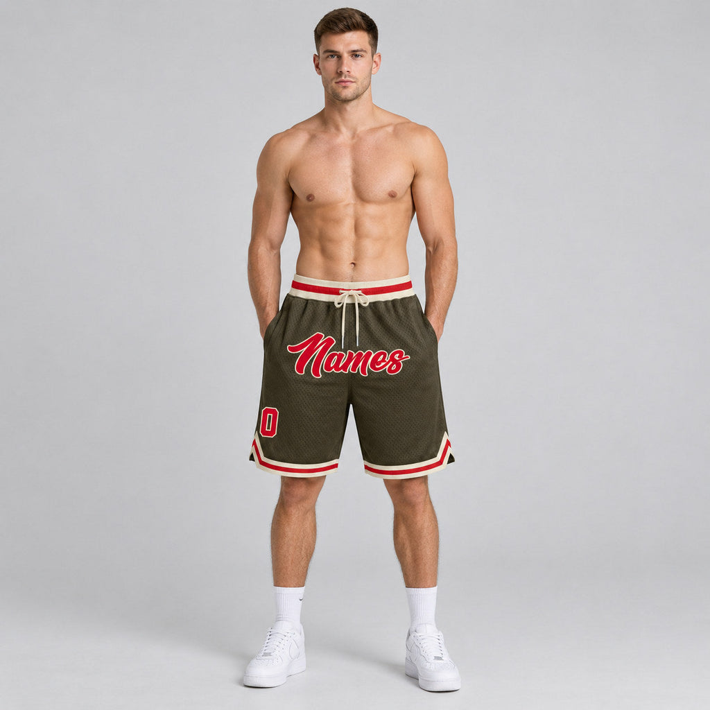 Custom Olive Salute To Service Authentic Throwback Basketball Shorts with Red and Cream Lettering worn by male model