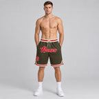 Custom Olive Salute To Service Authentic Throwback Basketball Shorts with Red and Cream Lettering worn by male model