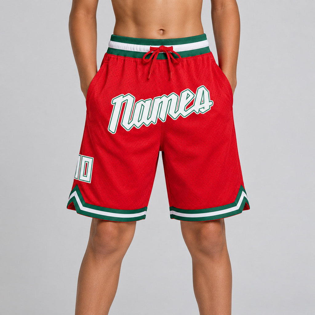 Custom Red Authentic Throwback Basketball Shorts with White and Kelly Green Lettering youth size worn by child model