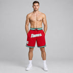 Custom Red Authentic Throwback Basketball Shorts with White and Kelly Green Lettering worn by male model