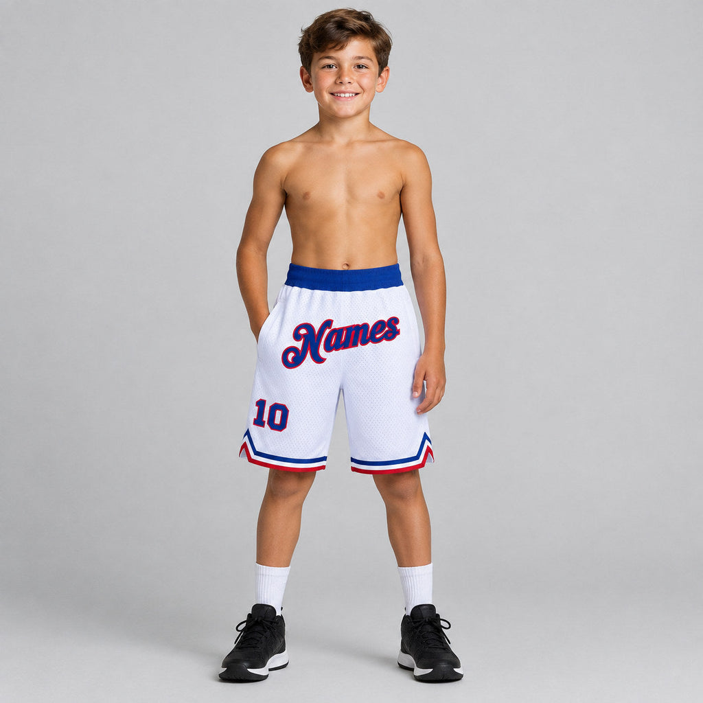 Custom White Authentic Throwback Basketball Shorts with Royal and Red Lettering Design 0775 youth size worn by child model