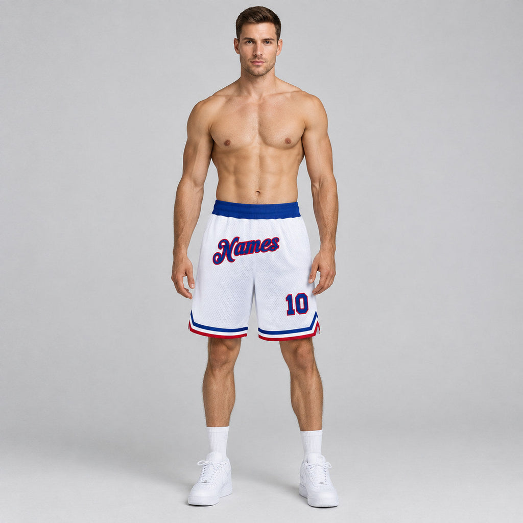 Custom White Authentic Throwback Basketball Shorts with Royal and Red Lettering Design 0775 worn by male model