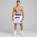 Custom White Authentic Throwback Basketball Shorts with Royal and Red Lettering Design 0775 worn by male model
