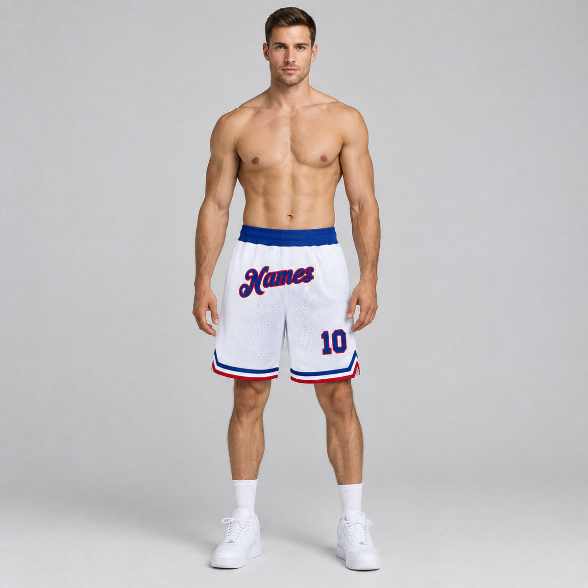 Custom White Authentic Throwback Basketball Shorts with Royal and Red Lettering Design 0775 worn by male model