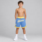 Custom Light Blue Authentic Throwback Basketball Shorts with White and Gold Lettering Design 0073 youth size worn by child model