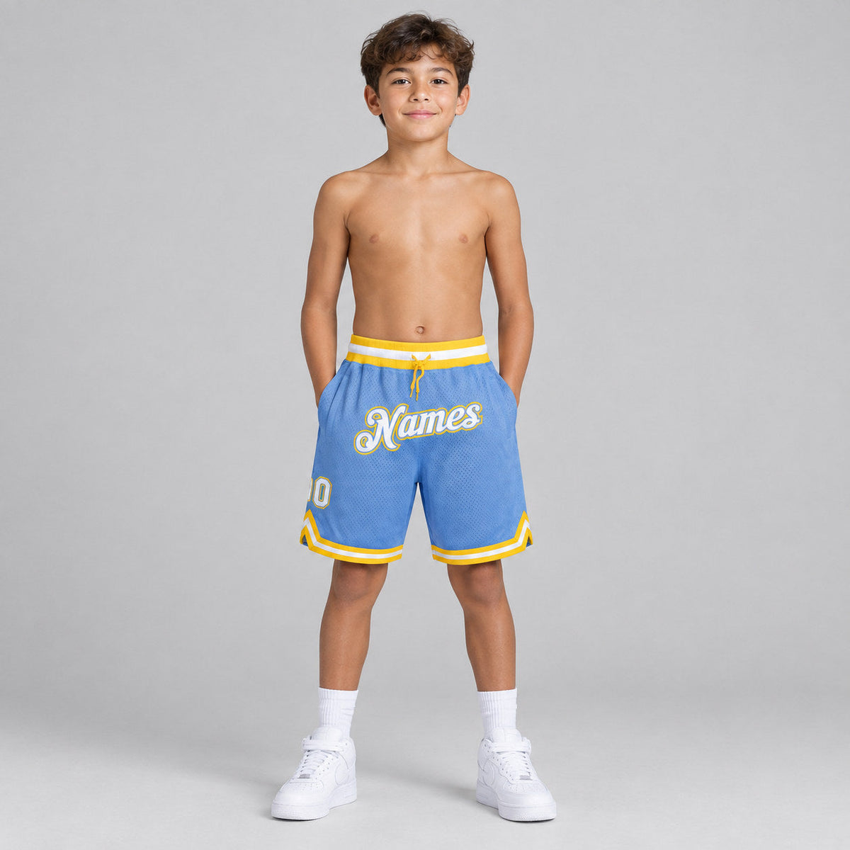 Custom Light Blue Authentic Throwback Basketball Shorts with White and Gold Lettering Design 0073 youth size worn by child model