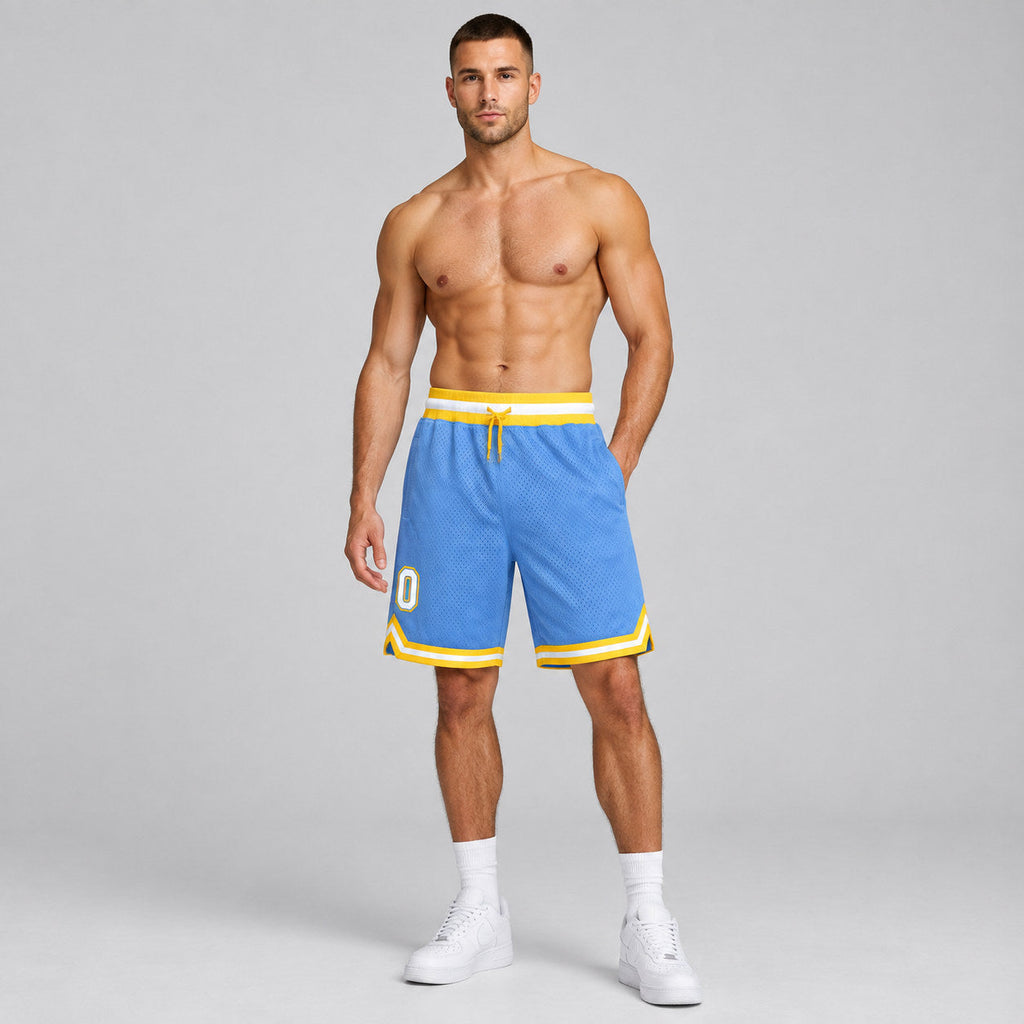 Custom Light Blue Authentic Throwback Basketball Shorts with White and Gold Lettering Design 0073 worn by male model