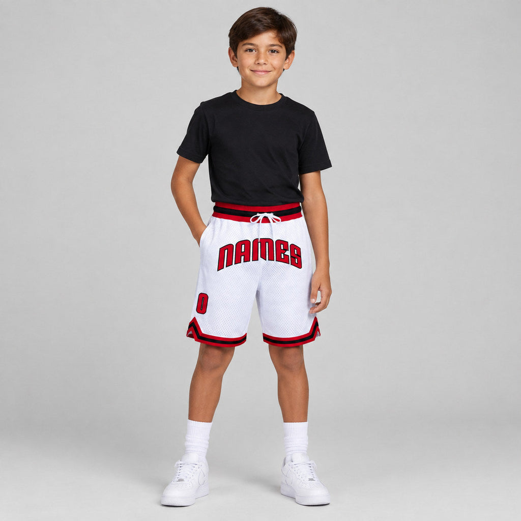 Custom White Authentic Throwback Basketball Shorts with Red and Black Lettering Design 0431 youth size worn by child model