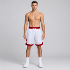 Custom White Authentic Throwback Basketball Shorts with Red and Black Lettering Design 0431 worn by male model
