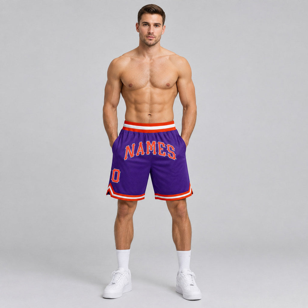 Custom Purple Authentic Throwback Basketball Shorts with Orange and Gray Lettering worn by male model