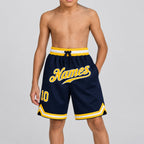 Custom Navy Authentic Throwback Basketball Shorts with Gold and White Lettering Design 0166 youth size worn by child model