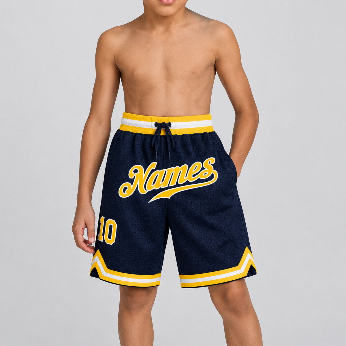 Custom Navy Authentic Throwback Basketball Shorts with Gold and White Lettering Design 0166 youth size worn by child model