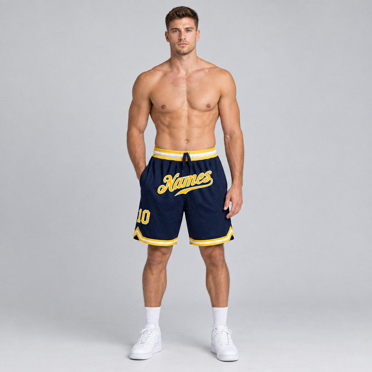 Custom Navy Authentic Throwback Basketball Shorts with Gold and White Lettering Design 0166 worn by male model