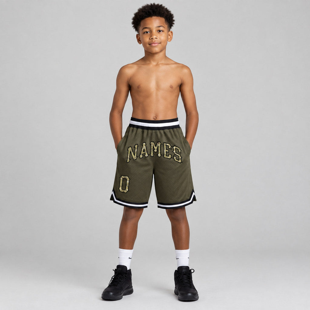 Custom Olive Camo Salute To Service Authentic Throwback Basketball Shorts with Black Lettering Design 0034 youth size worn by child model