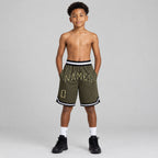 Custom Olive Camo Salute To Service Authentic Throwback Basketball Shorts with Black Lettering Design 0034 youth size worn by child model
