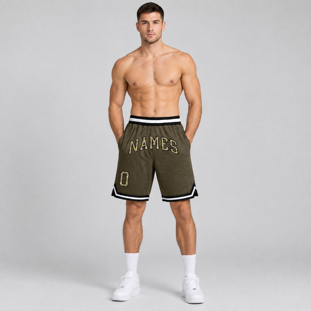 Custom Olive Camo Salute To Service Authentic Throwback Basketball Shorts with Black Lettering Design 0034 worn by male model