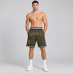 Custom Olive Camo Salute To Service Authentic Throwback Basketball Shorts with Black Lettering Design 0034 worn by male model
