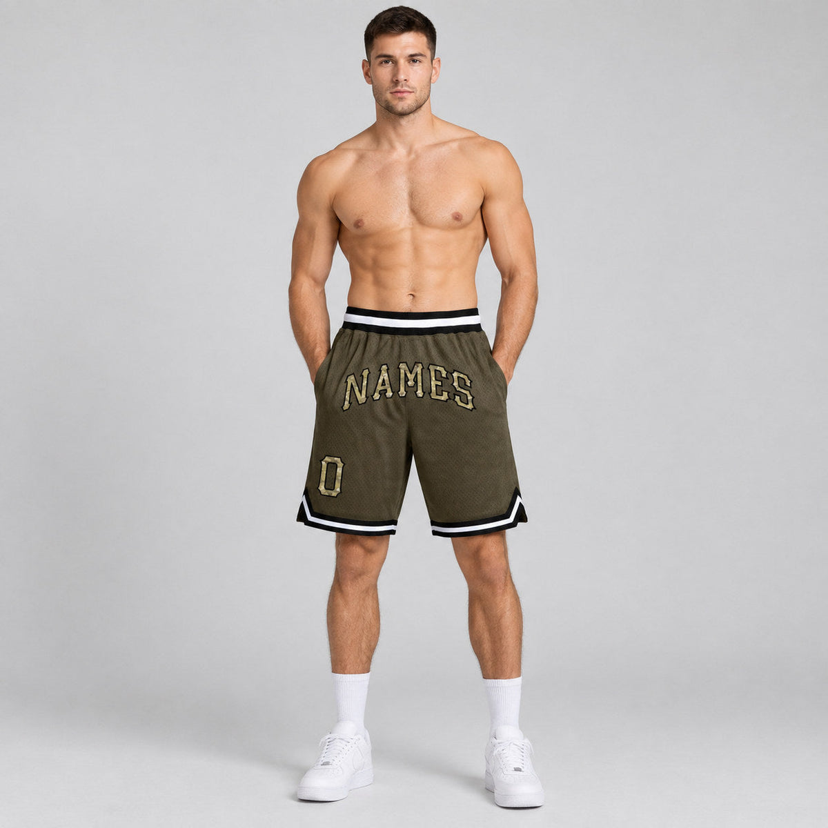 Custom Olive Camo Salute To Service Authentic Throwback Basketball Shorts with Black Lettering Design 0034 worn by male model