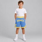 Custom Light Blue Authentic Throwback Basketball Shorts with Gold and White Lettering Design 0061 youth size worn by child model