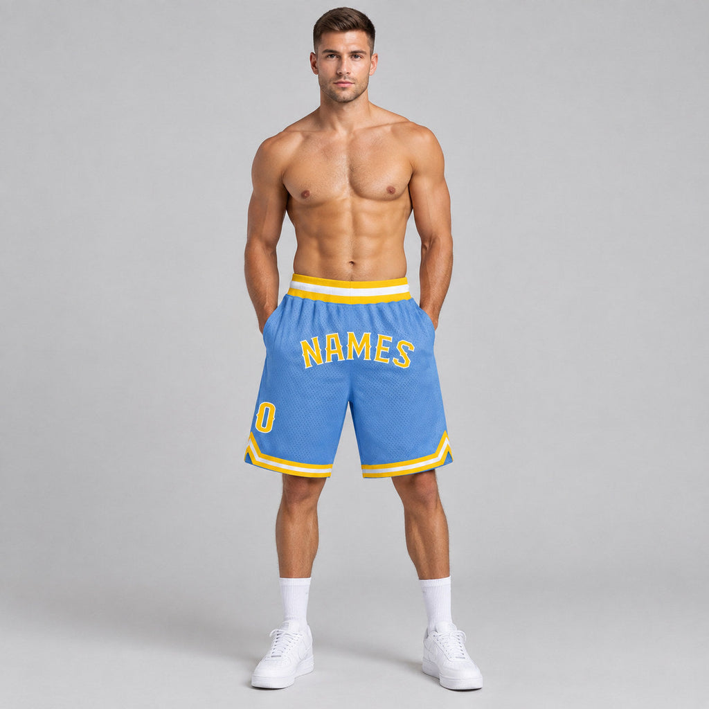 Custom Light Blue Authentic Throwback Basketball Shorts with Gold and White Lettering Design 0061 worn by male model