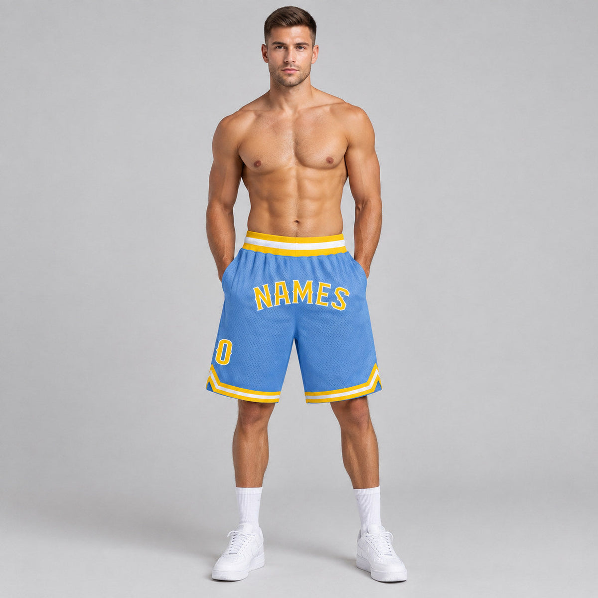 Custom Light Blue Authentic Throwback Basketball Shorts with Gold and White Lettering Design 0061 worn by male model