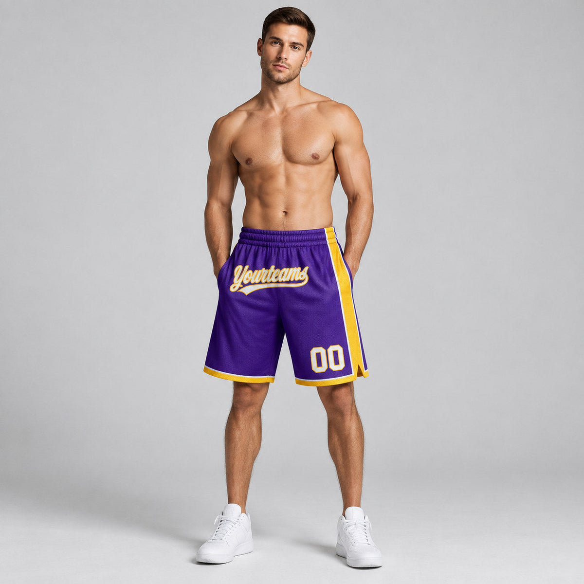 Custom Purple Authentic Basketball Shorts with White and Yellow Lettering worn by male model